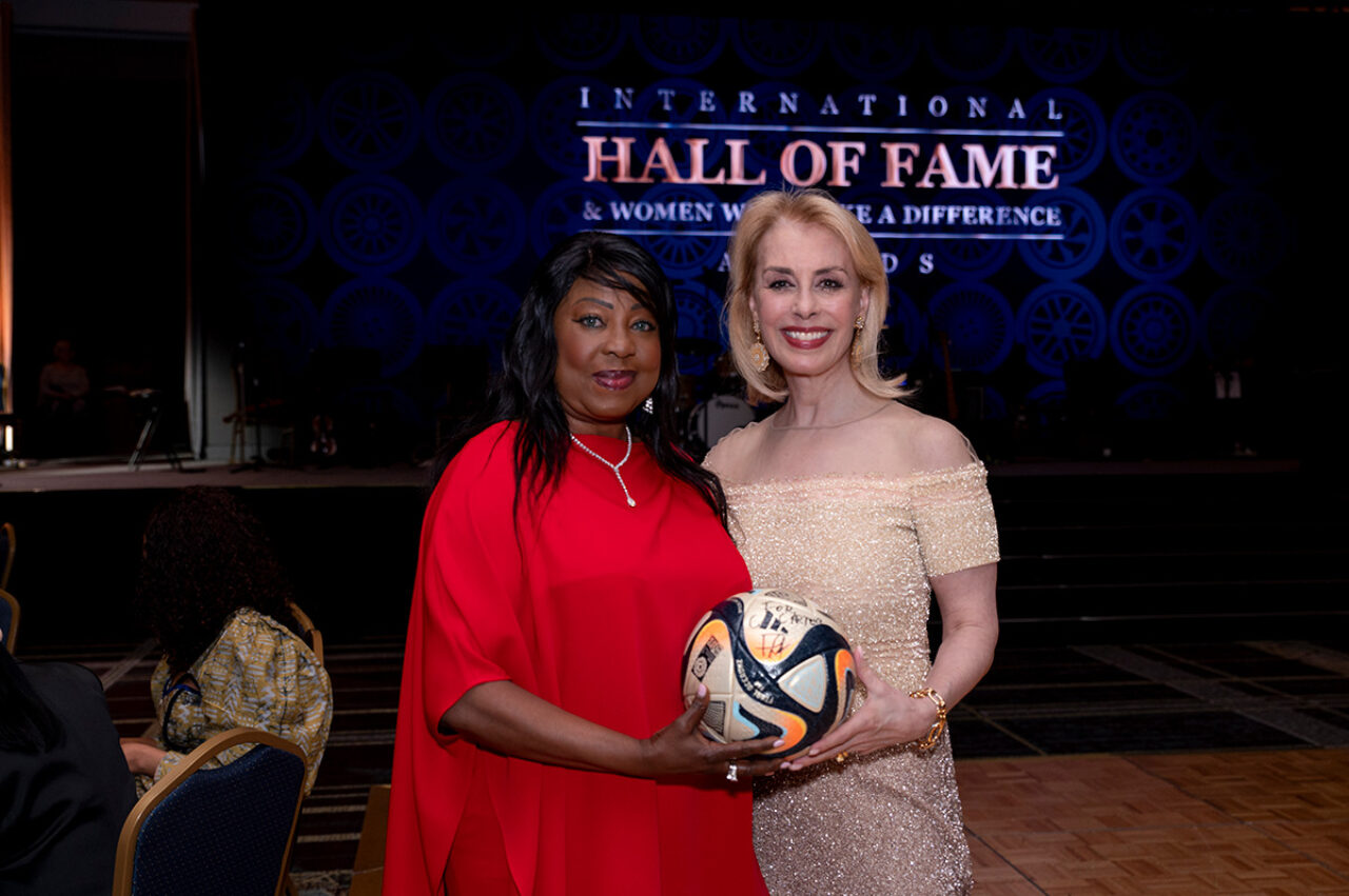 IWF Global Board President Carolyn Carter and FIFA Secretary General and Hall of Fame honoree Fatma Samoura
